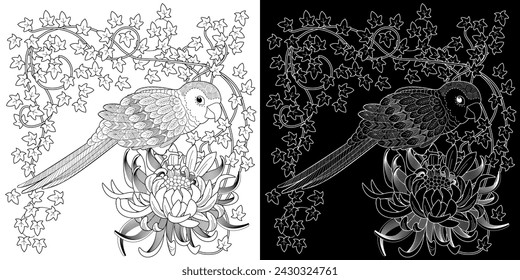 Art therapy coloring page. Coloring book antistress for children and adults. Birds and flowers hand drawn in vintage style . Ideal for those who want to feel more connected to nature.
