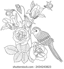 Art therapy coloring page. Coloring book antistress for children and adults. Birds and flowers hand drawn in vintage style . Ideal for those who want to feel more connected to nature.
