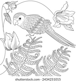 Art therapy coloring page. Coloring book antistress for children and adults. Birds and flowers hand drawn in vintage style . Ideal for those who want to feel more connected to nature.
