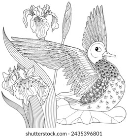 Art therapy coloring page. Coloring Book for adults and children. Colouring pictures with duck. Linear engraved art. Antistress freehand sketch drawing.
