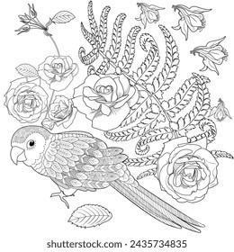 Art therapy coloring page. Coloring book antistress for children and adults. Birds and flowers hand drawn in vintage style . Ideal for those who want to feel more connected to nature.
