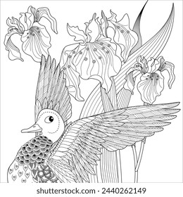 Art therapy coloring page. Coloring Book for adults and children. Colouring pictures with duck. Linear engraved art. Antistress freehand sketch drawing.
