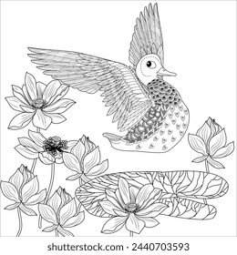 Art therapy coloring page. Coloring Book for adults and children. Colouring pictures with duck. Linear engraved art. Antistress freehand sketch drawing.
