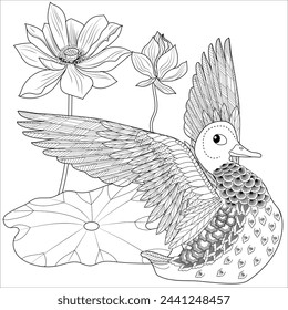 Art therapy coloring page. Coloring Book for adults and children. Colouring pictures with duck. Linear engraved art. Antistress freehand sketch drawing.
