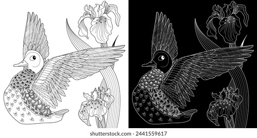 Art therapy coloring page. Coloring Book for adults and children. Colouring pictures with duck. Linear engraved art. Antistress freehand sketch drawing.
