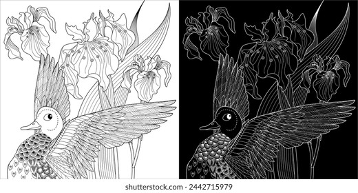 Art therapy coloring page. Coloring Book for adults and children. Colouring pictures with duck. Linear engraved art. Antistress freehand sketch drawing.
