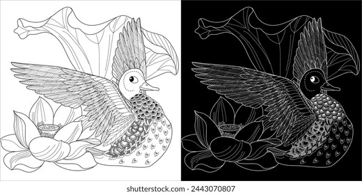 Art therapy coloring page. Coloring Book for adults and children. Colouring pictures with duck. Linear engraved art. Antistress freehand sketch drawing.
