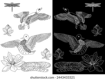 Art therapy coloring page. Coloring Book for adults and children. Colouring pictures with duck. Linear engraved art. Antistress freehand sketch drawing.

