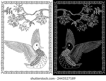 Art therapy coloring page. Coloring Book for adults and children. Colouring pictures with duck. Linear engraved art. Antistress freehand sketch drawing.
