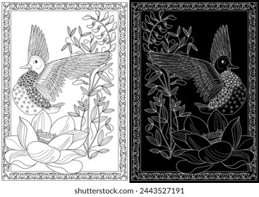 Art therapy coloring page. Coloring Book for adults and children. Colouring pictures with duck. Linear engraved art. Antistress freehand sketch drawing.
