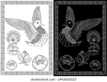 Art therapy coloring page. Coloring Book for adults and children. Colouring pictures with duck. Linear engraved art. Antistress freehand sketch drawing.
