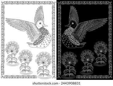 Art therapy coloring page. Coloring Book for adults and children. Colouring pictures with duck. Linear engraved art. Antistress freehand sketch drawing.
