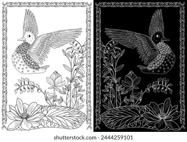 Art therapy coloring page. Coloring Book for adults and children. Colouring pictures with duck. Linear engraved art. Antistress freehand sketch drawing.
