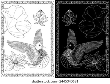 Art therapy coloring page. Coloring Book for adults and children. Colouring pictures with duck. Linear engraved art. Antistress freehand sketch drawing.
