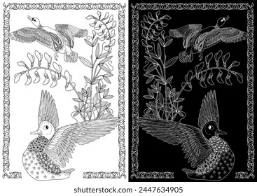Art therapy coloring page. Coloring Book for adults and children. Colouring pictures with duck. Linear engraved art. Antistress freehand sketch drawing.

