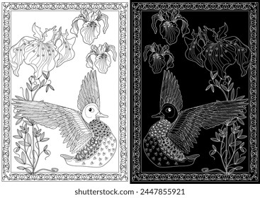 Art therapy coloring page. Coloring Book for adults and children. Colouring pictures with duck. Linear engraved art. Antistress freehand sketch drawing.
