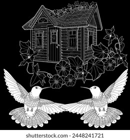 Art therapy coloring page. Coloring book antistress for children and adults. Birds and flowers hand drawn in vintage style . Ideal for those who want to feel more connected to nature.
