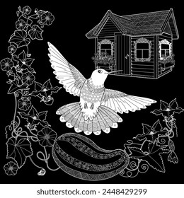 Art therapy coloring page. Coloring book antistress for children and adults. Birds and flowers hand drawn in vintage style . Ideal for those who want to feel more connected to nature.
