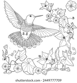 Art therapy coloring page. Coloring book antistress for children and adults. Birds and flowers hand drawn in vintage style . Ideal for those who want to feel more connected to nature.
