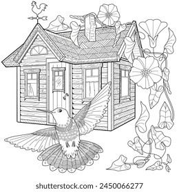 Art therapy coloring page. Coloring book antistress for children and adults. Birds and flowers hand drawn in vintage style . Ideal for those who want to feel more connected to nature.
