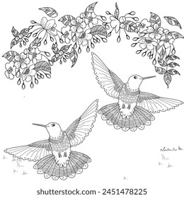 Art therapy coloring page. Coloring book antistress for children and adults. Birds and flowers hand drawn in vintage style . Ideal for those who want to feel more connected to nature.
