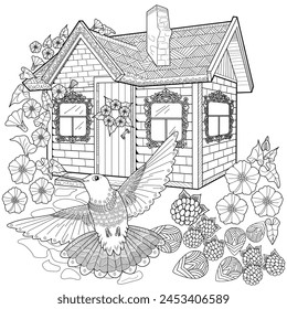 Art therapy coloring page. Coloring book antistress for children and adults. Birds and flowers hand drawn in vintage style . Ideal for those who want to feel more connected to nature.
