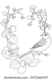 Art therapy coloring page. Coloring book antistress for children and adults. Birds and flowers hand drawn in vintage style . Ideal for those who want to feel more connected to nature.
