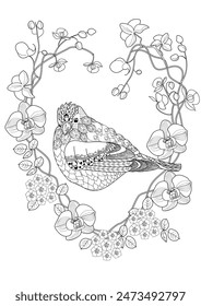 Art therapy coloring page. Coloring book antistress for children and adults. Birds and flowers hand drawn in vintage style . Ideal for those who want to feel more connected to nature.
