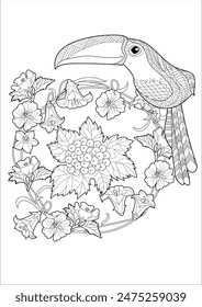 Página para colorear de terapia artística. Libro para colorear antistress para niños y adultos. Pájaros y flores dibujados a mano en estilo vintage . Ideal para aquellos que quieren sentirse más conectados con la naturaleza.