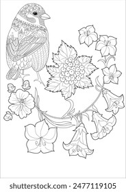 Art therapy coloring page. Coloring book antistress for children and adults. Birds and flowers hand drawn in vintage style . Ideal for those who want to feel more connected to nature.