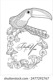 Art therapy coloring page. Coloring book antistress for children and adults. Birds and flowers hand drawn in vintage style . Ideal for those who want to feel more connected to nature.