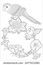 Art therapy coloring page. Coloring book antistress for children and adults. Birds and flowers hand drawn in vintage style . Ideal for those who want to feel more connected to nature.