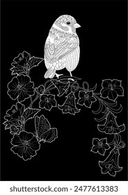 Art therapy coloring page. Coloring book antistress for children and adults. Birds and flowers hand drawn in vintage style . Ideal for those who want to feel more connected to nature.