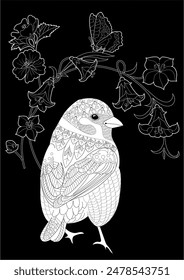 Art therapy coloring page. Coloring book antistress for children and adults. Birds and flowers hand drawn in vintage style . Ideal for those who want to feel more connected to nature.