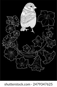 Art therapy coloring page. Coloring book antistress for children and adults. Birds and flowers hand drawn in vintage style . Ideal for those who want to feel more connected to nature.
