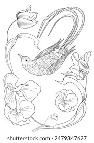 Art therapy coloring page. Coloring book antistress for children and adults. Birds and flowers hand drawn in vintage style . Ideal for those who want to feel more connected to nature.
