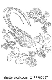 Art therapy coloring page. Coloring book antistress for children and adults. Birds and flowers hand drawn in vintage style . Ideal for those who want to feel more connected to nature.
