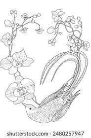 Art therapy coloring page. Coloring book antistress for children and adults. Birds and flowers hand drawn in vintage style . Ideal for those who want to feel more connected to nature.
