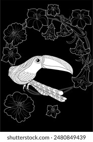 Art therapy coloring page. Coloring book antistress for children and adults. Birds and flowers hand drawn in vintage style . Ideal for those who want to feel more connected to nature.
