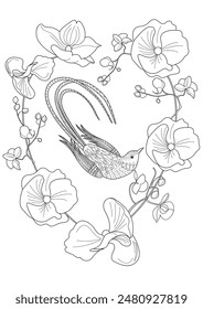 Art therapy coloring page. Coloring book antistress for children and adults. Birds and flowers hand drawn in vintage style . Ideal for those who want to feel more connected to nature.
