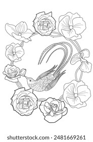 Art therapy coloring page. Coloring book antistress for children and adults. Birds and flowers hand drawn in vintage style . Ideal for those who want to feel more connected to nature.
