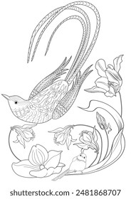 Art therapy coloring page. Coloring book antistress for children and adults. Birds and flowers hand drawn in vintage style . Ideal for those who want to feel more connected to nature.
