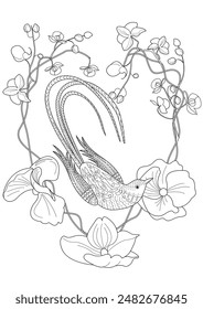 Art therapy coloring page. Coloring book antistress for children and adults. Birds and flowers hand drawn in vintage style . Ideal for those who want to feel more connected to nature.
