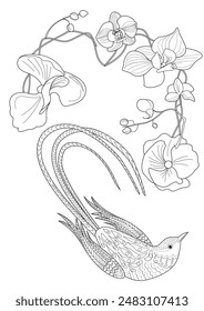 Art therapy coloring page. Coloring book antistress for children and adults. Birds and flowers hand drawn in vintage style . Ideal for those who want to feel more connected to nature.
