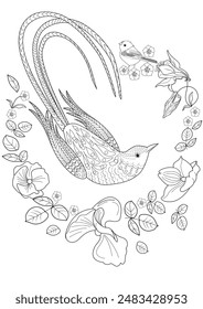 Art therapy coloring page. Coloring book antistress for children and adults. Birds and Flowers Daisies hand drawn in vintage style . Ideal for those who want to feel more connected to nature.
