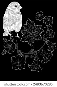 Art therapy coloring page. Coloring book antistress for children and adults. Birds and Flowers Daisies hand drawn in vintage style . Ideal for those who want to feel more connected to nature.
