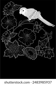 Art therapy coloring page. Coloring book antistress for children and adults. Birds and Flowers Daisies hand drawn in vintage style . Ideal for those who want to feel more connected to nature.
