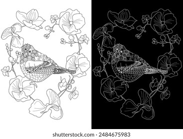Art therapy coloring page. Coloring book antistress for children and adults. Birds and Flowers Daisies hand drawn in vintage style . Ideal for those who want to feel more connected to nature.
