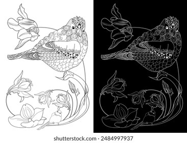 Art therapy coloring page. Coloring book antistress for children and adults. Birds and Flowers Daisies hand drawn in vintage style . Ideal for those who want to feel more connected to nature.
