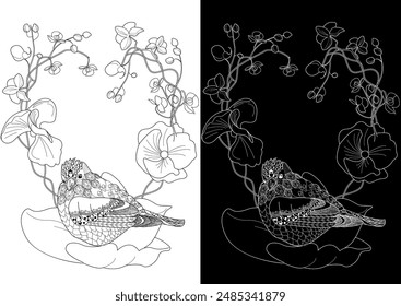 Art therapy coloring page. Coloring book antistress for children and adults. Birds and Flowers Daisies hand drawn in vintage style . Ideal for those who want to feel more connected to nature.
